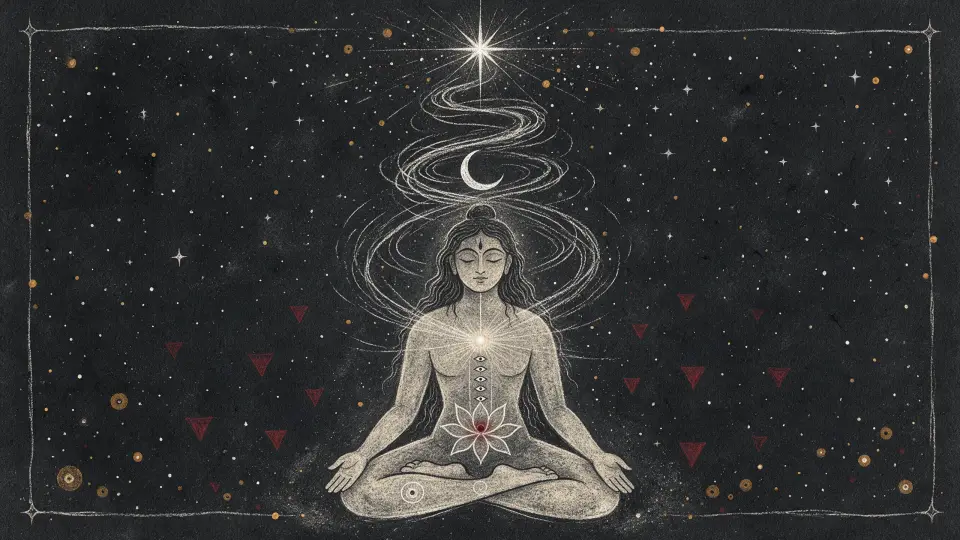Seated figure receiving dual streams of energy, transmission and healing